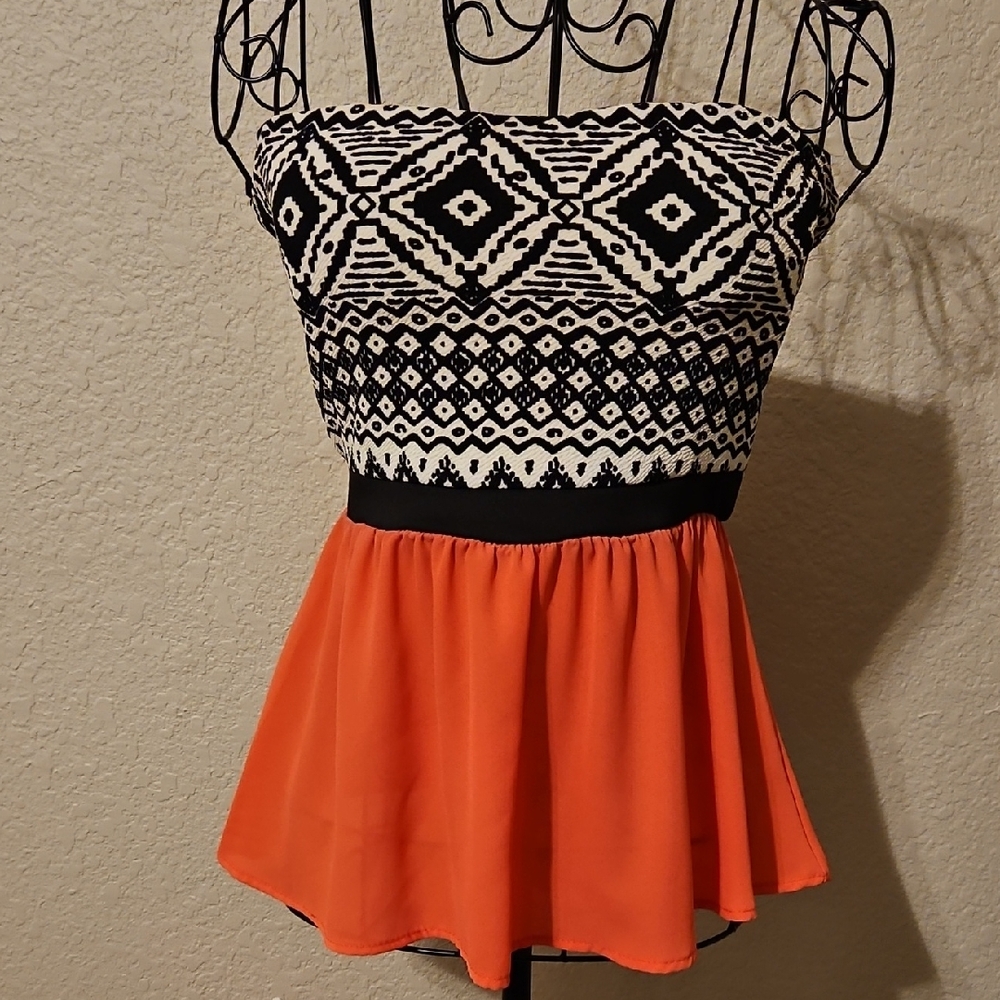 Elegant Strapless Black and Orange Blouse